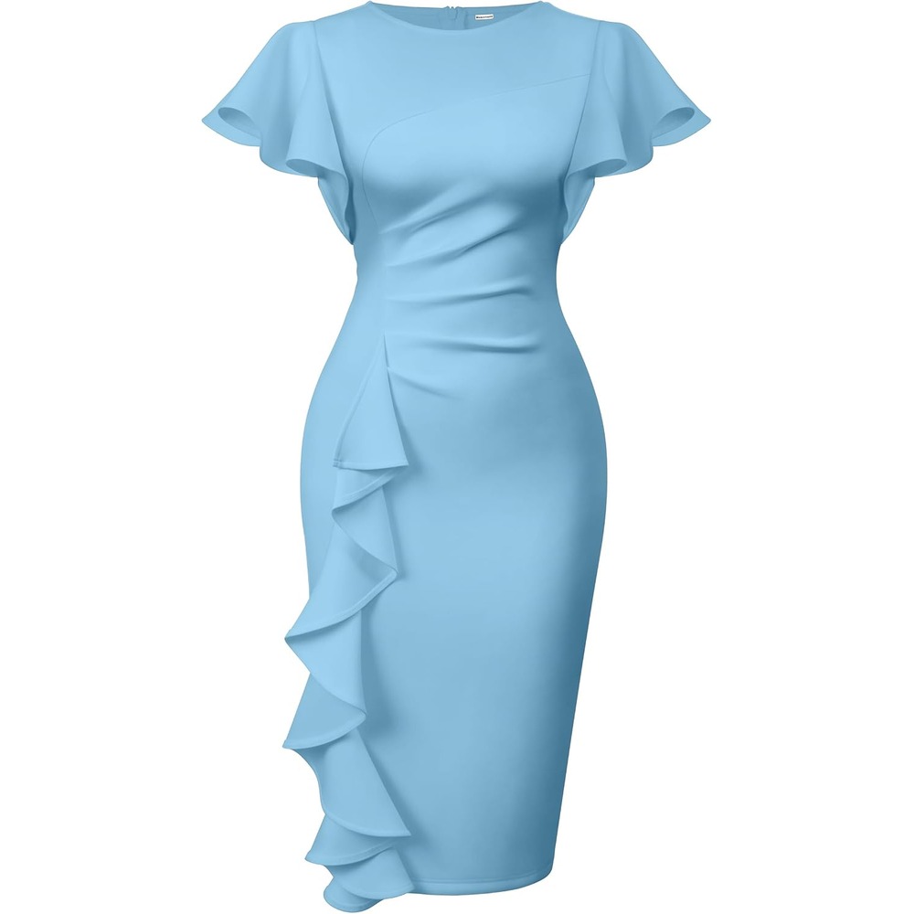 b0cn6bwv1f 11 Ruffle Sleeve Ruched Midi Dress for Women, Elegant Work & Church Dress