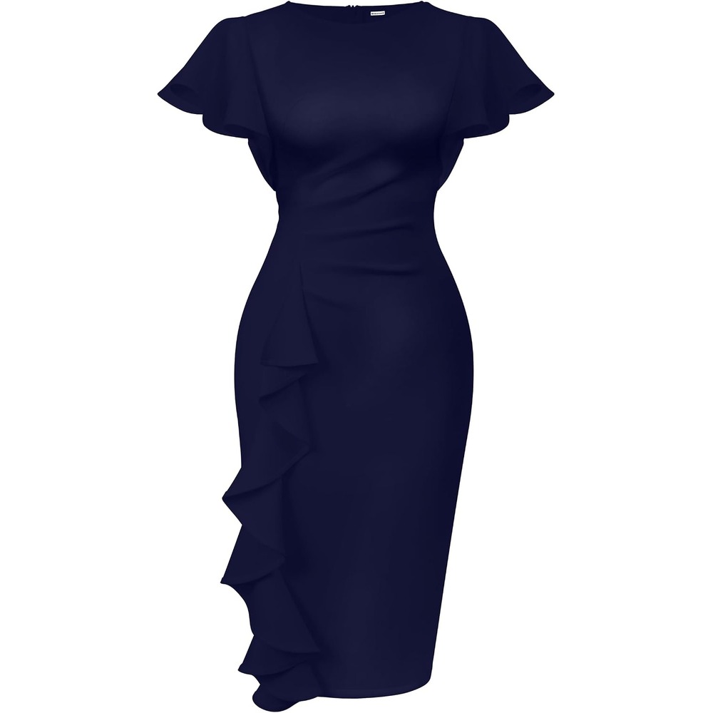 b0cn6bwv1f 12 Ruffle Sleeve Ruched Midi Dress for Women, Elegant Work & Church Dress