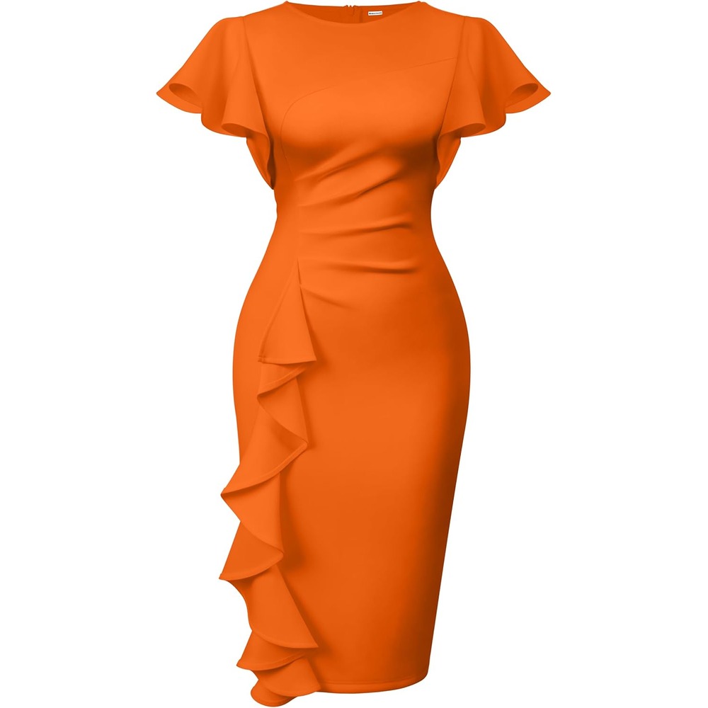 b0cn6bwv1f 14 Ruffle Sleeve Ruched Midi Dress for Women, Elegant Work & Church Dress