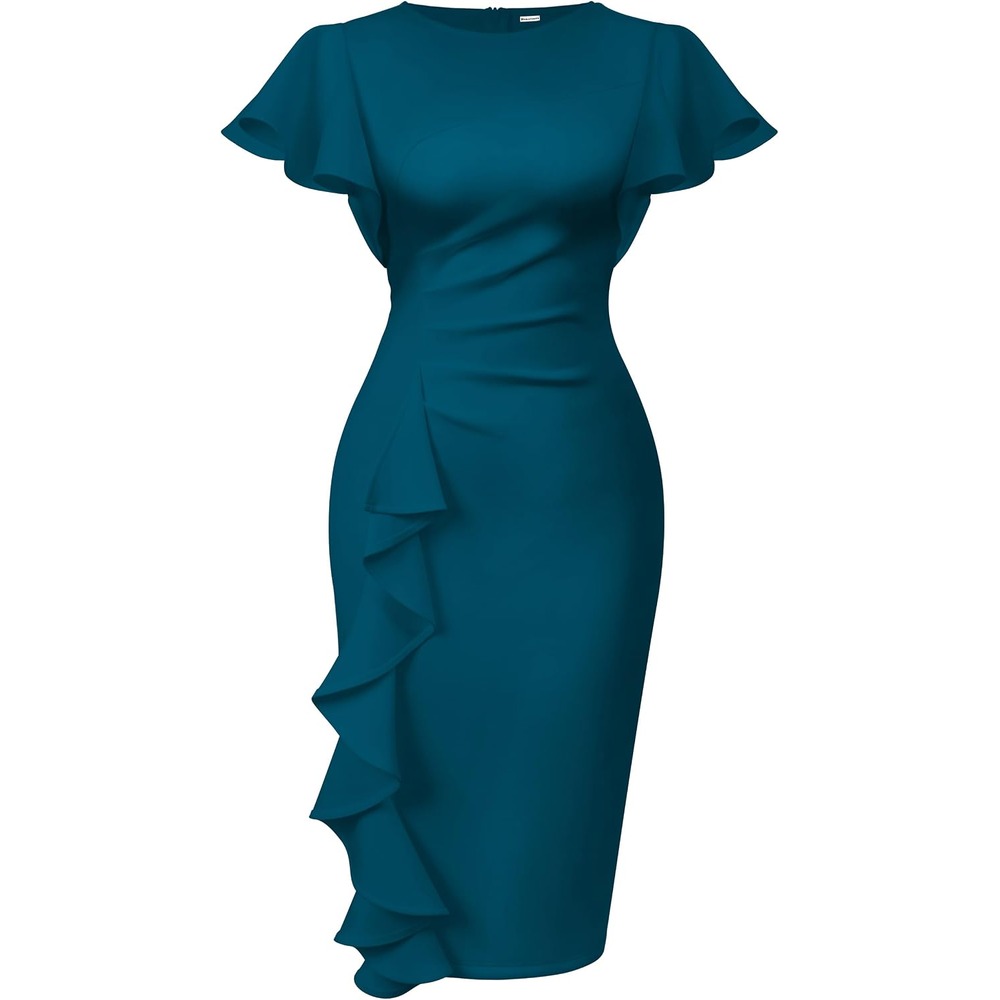 b0cn6bwv1f 15 Ruffle Sleeve Ruched Midi Dress for Women, Elegant Work & Church Dress