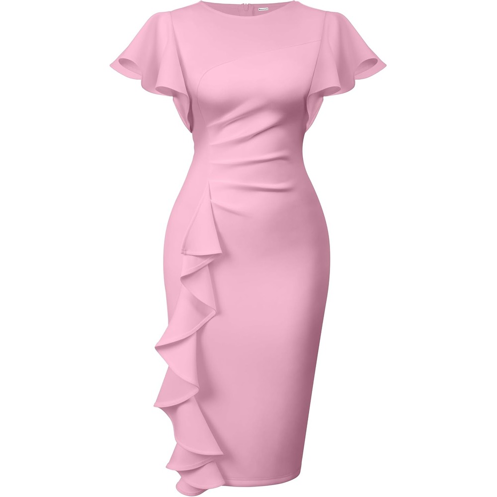 b0cn6bwv1f 16 Ruffle Sleeve Ruched Midi Dress for Women, Elegant Work & Church Dress