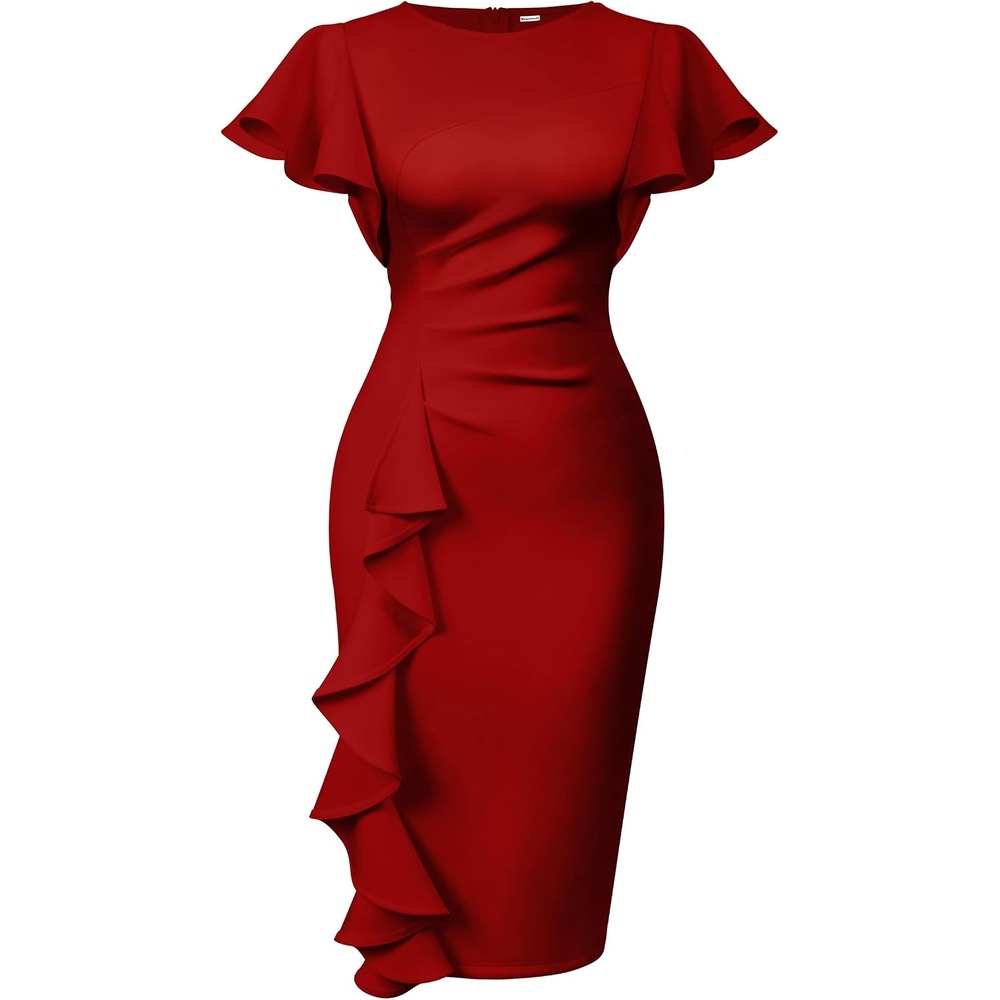 b0cn6bwv1f 18 Ruffle Sleeve Ruched Midi Dress for Women, Elegant Work & Church Dress