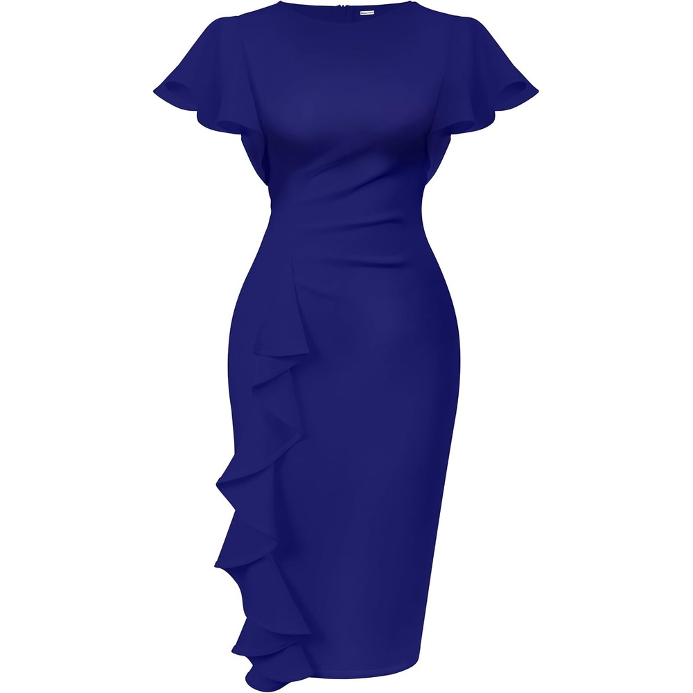 b0cn6bwv1f 20 Ruffle Sleeve Ruched Midi Dress for Women, Elegant Work & Church Dress