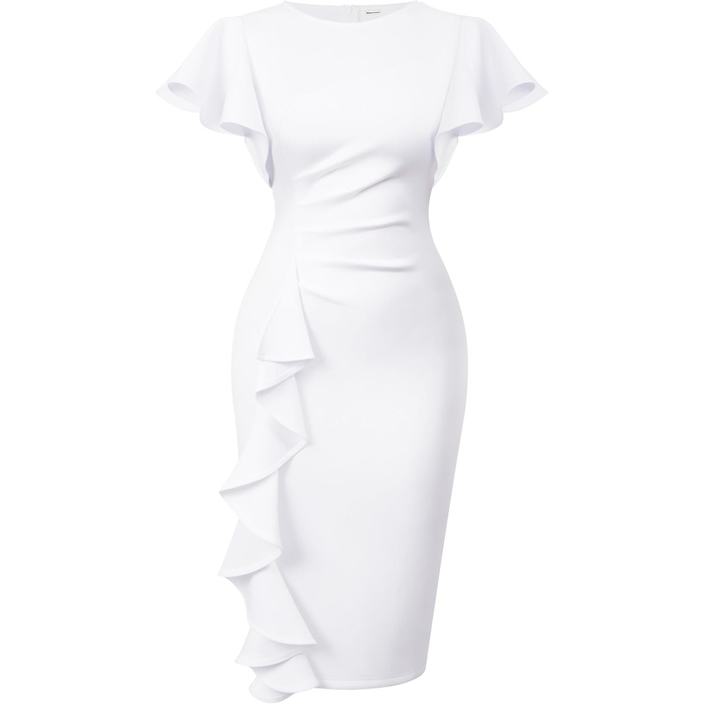 b0cn6bwv1f 22 Ruffle Sleeve Ruched Midi Dress for Women, Elegant Work & Church Dress