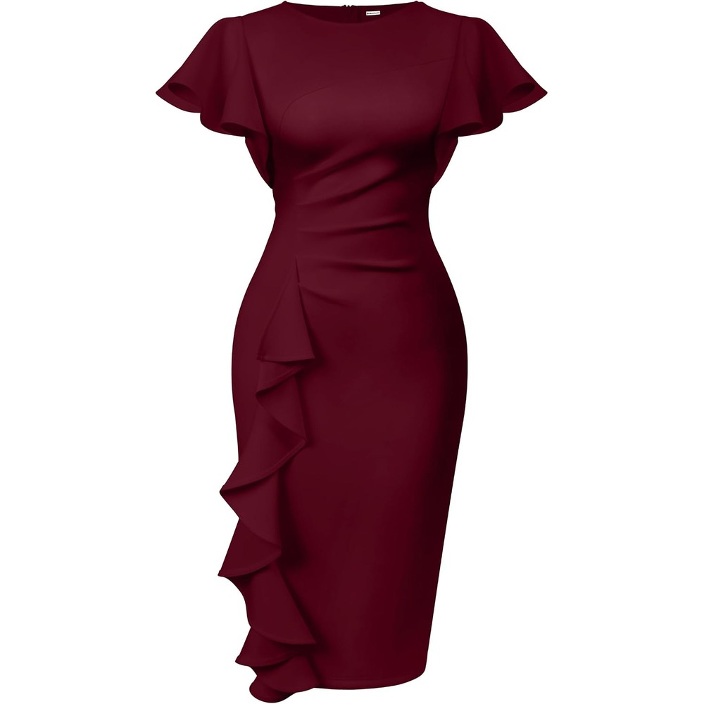b0cn6bwv1f 23 Ruffle Sleeve Ruched Midi Dress for Women, Elegant Work & Church Dress