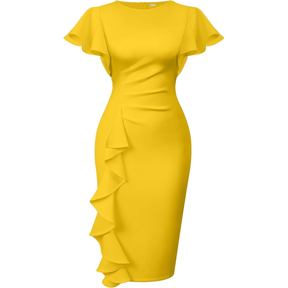 b0cn6bwv1f 24 Ruffle Sleeve Ruched Midi Dress for Women, Elegant Work & Church Dress