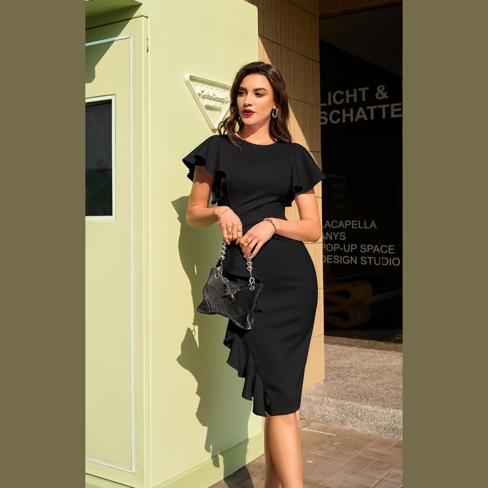 b0cn6bwv1f 4 Ruffle Sleeve Ruched Midi Dress for Women, Elegant Work & Church Dress