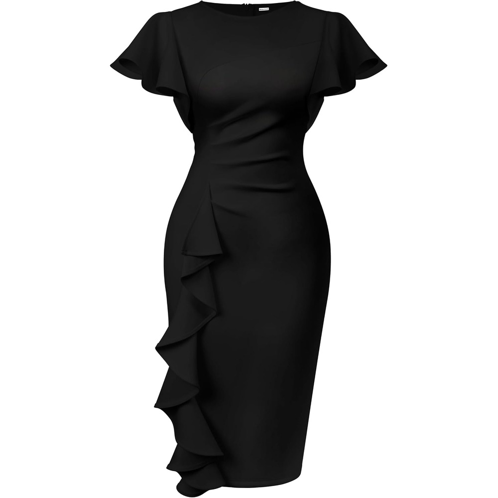 b0cn6bwv1f 6 Ruffle Sleeve Ruched Midi Dress for Women, Elegant Work & Church Dress