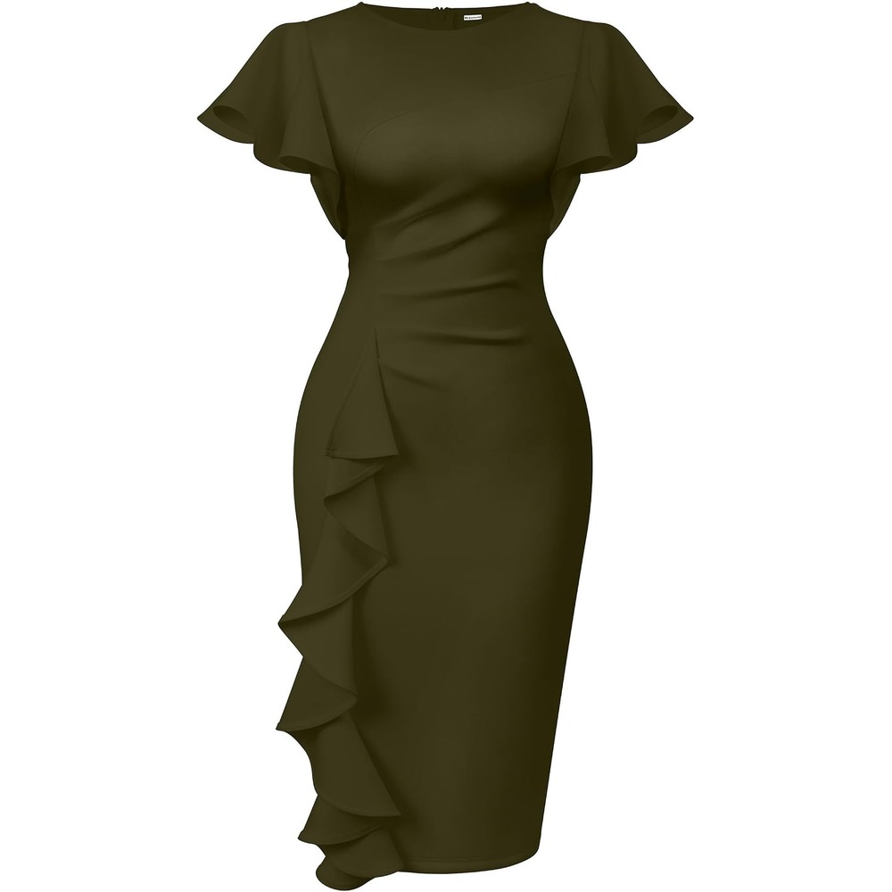b0cn6bwv1f 8 Ruffle Sleeve Ruched Midi Dress for Women, Elegant Work & Church Dress