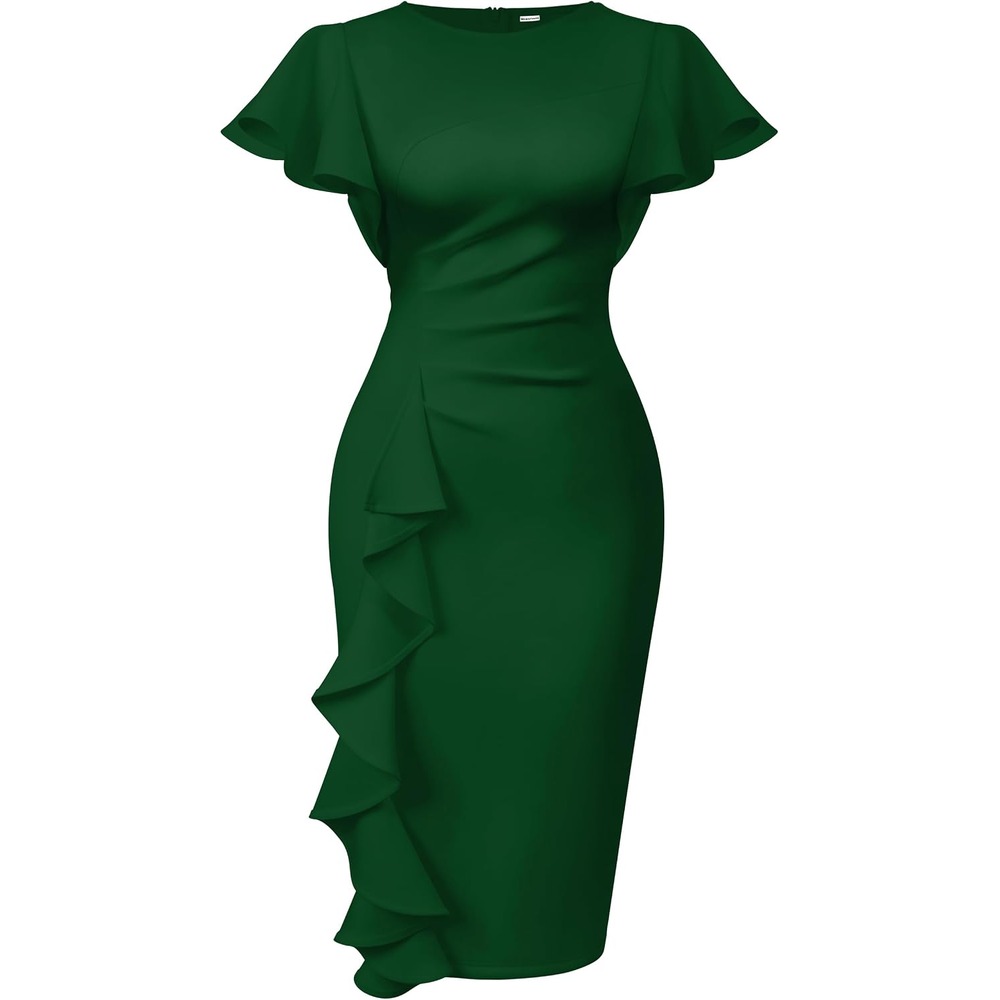 b0cn6bwv1f 9 Ruffle Sleeve Ruched Midi Dress for Women, Elegant Work & Church Dress