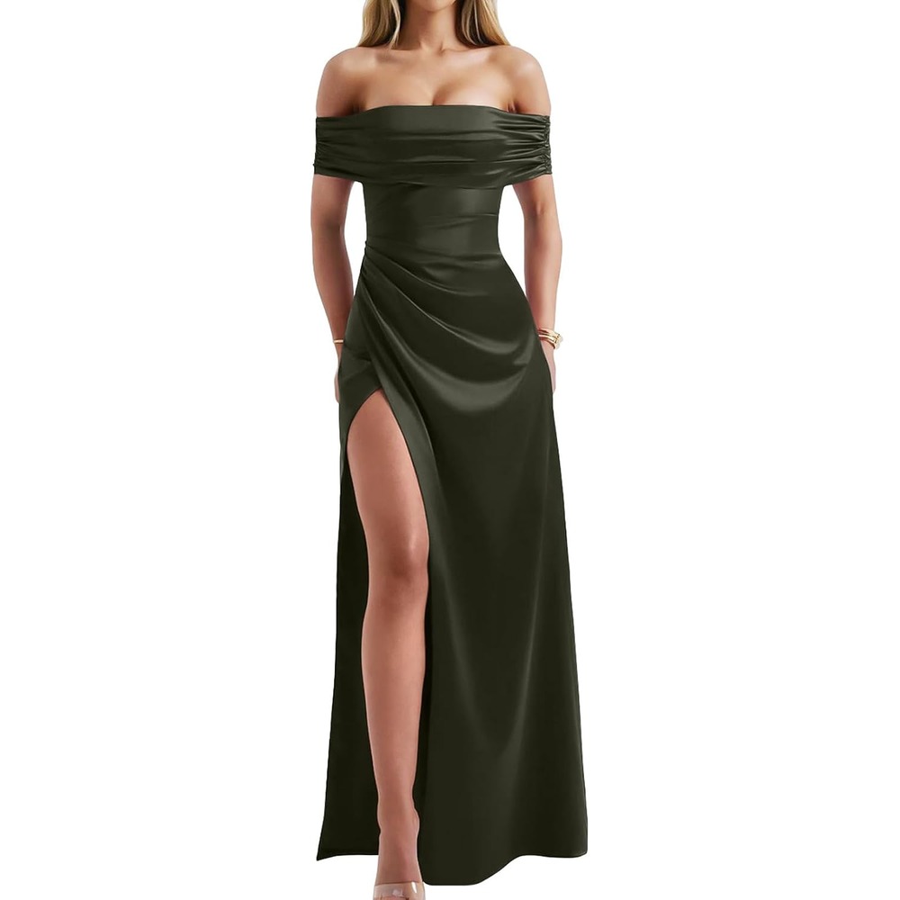 b0drfbrd24 8 Off Shoulder Bodycon Maxi Dress for Women, Elegant Evening & Wedding Guest Dress